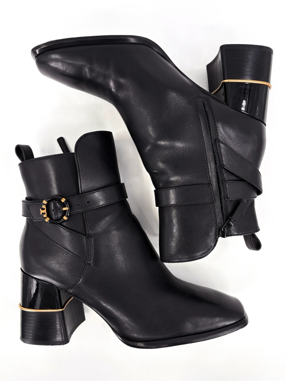 TORY BURCH Logo Buckle Square-Toe Ankle Boots in Black Leather 10 - Picture 7 of 14
